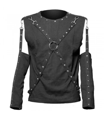 Men Gothic Shirt Black Removable Sleeve Shirt 